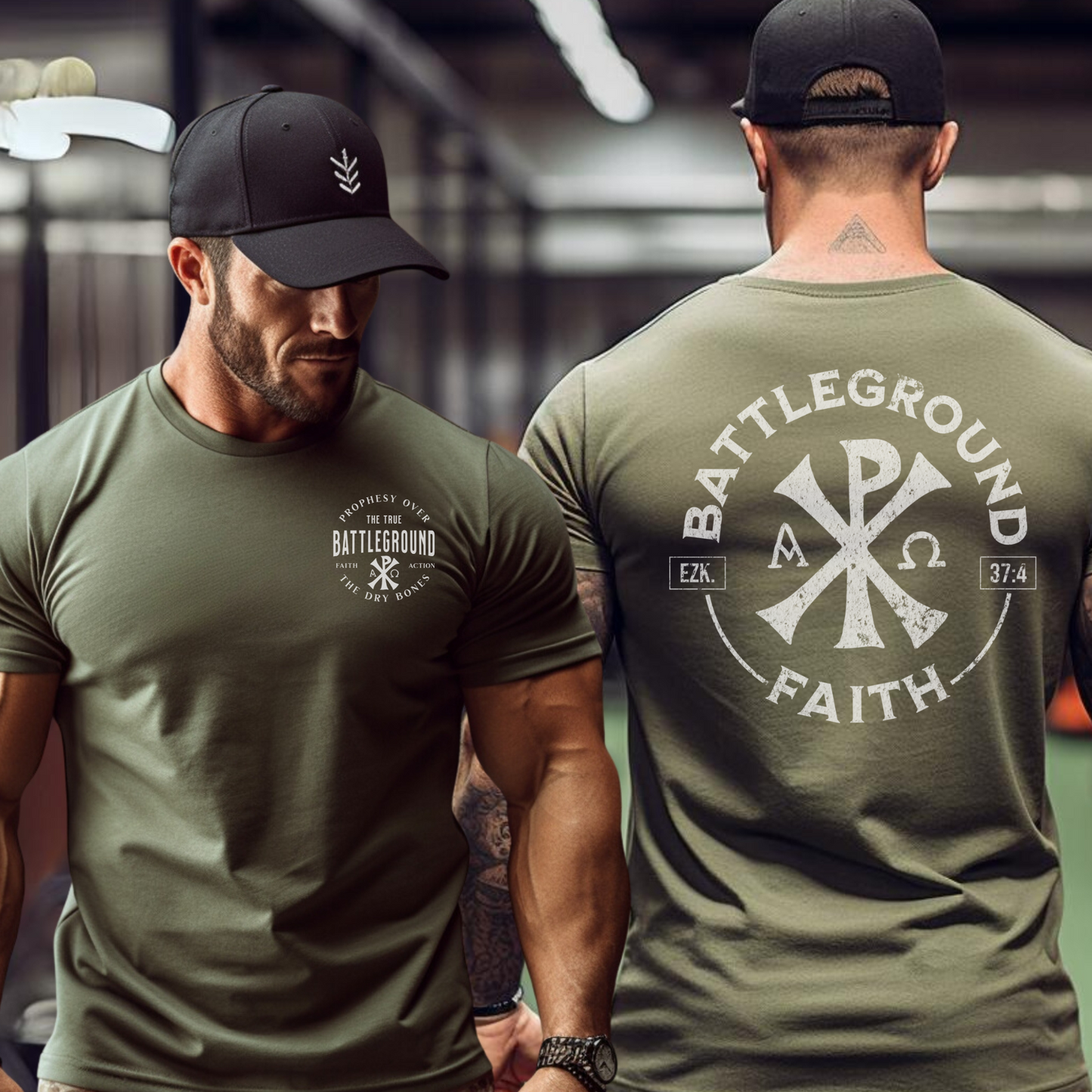 Battleground Faith Logo Christian Faith Religious Tee Front Back Military Green Fit Life Shot